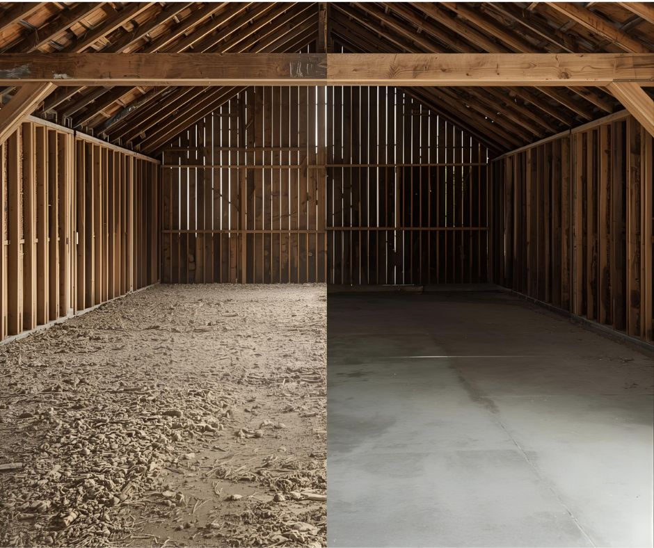 Barn concrete floor before and after installation by Alpha Le Concrete